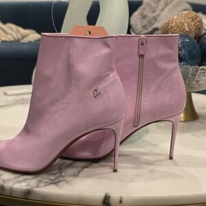 Christian Loubutin Patent Leather Pink Stiletto Ankle Boots - Women's Boots